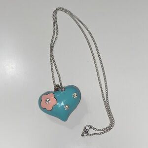Blue Heart Pendant Necklace with Pink Flower with Silver Tone Chain
